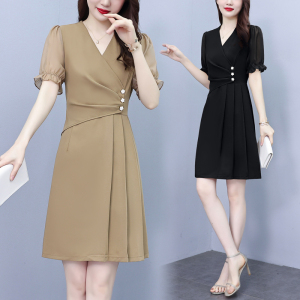 RM19774#大码女装2023新款连衣裙夏季薄款修身显瘦V领短袖裙子