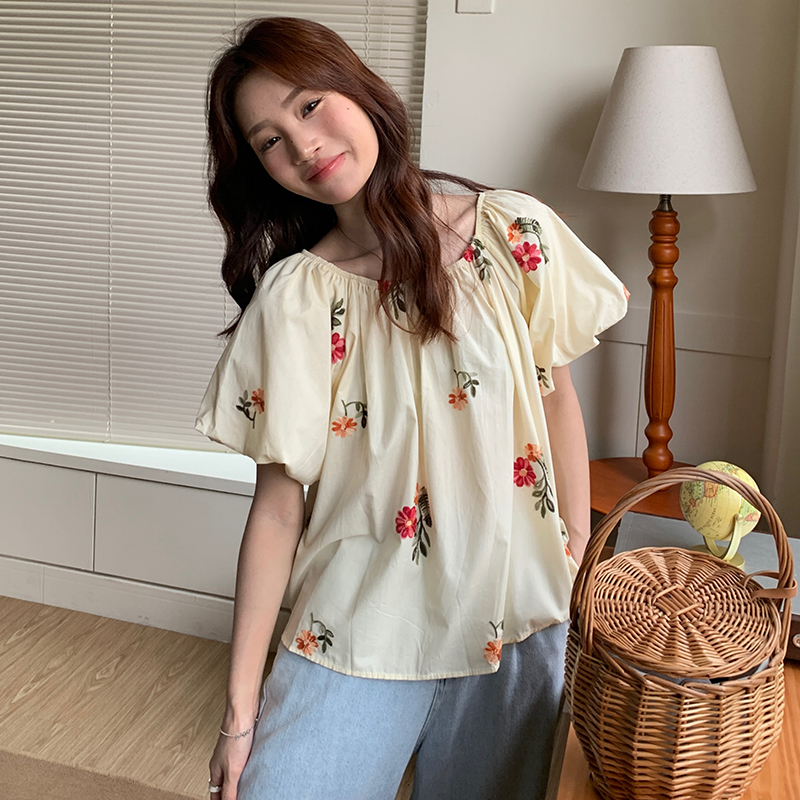 實拍2026夏季新款韓版百搭一字領繡花短袖娃娃衫襯衫女上衣