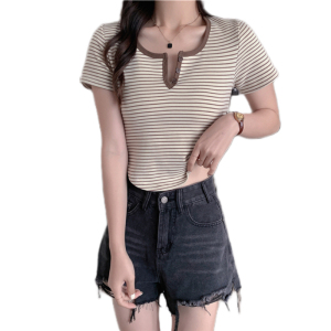 RM13959#夏季新款美式辣妹复古撞色条纹显瘦百搭短袖T恤女