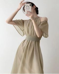 TR34719# 法式浅茶色透光感连衣裙女装夏季新款露肩高级感中长裙潮