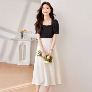 RM12215#夏装过膝长款新款女气质轻熟风黑白拼接收腰短袖连衣裙子长裙