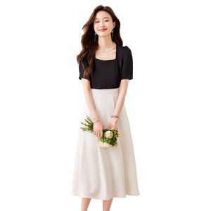 RM12215#夏装过膝长款新款女气质轻熟风黑白拼接收腰短袖连衣裙子长裙