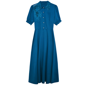 RM13451#重工刺绣醋酸缎面短袖连衣裙显瘦2023夏季洋气遮肚女装