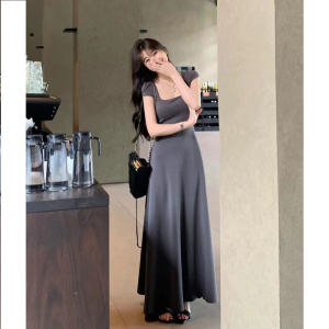 RM13141#清香花院 高级感茶歇法式方领短袖修身收腰气质长款连衣裙