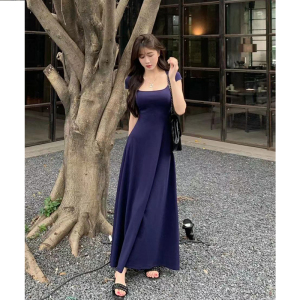 RM13141#清香花院 高级感茶歇法式方领短袖修身收腰气质长款连衣裙