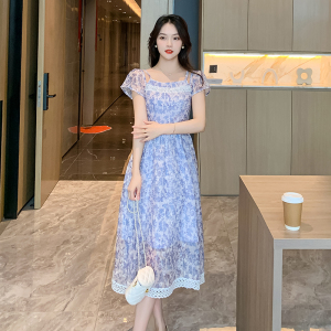 RM12327#新款夏季复古浪漫收腰碎花甜美淑女气质显瘦蕾丝花边连衣裙