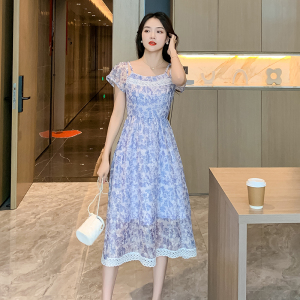 RM12327#新款夏季复古浪漫收腰碎花甜美淑女气质显瘦蕾丝花边连衣裙