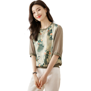 RM15362#圆领上衣女短袖2023夏季新款显瘦高端乱麻印花气质五分袖T恤
