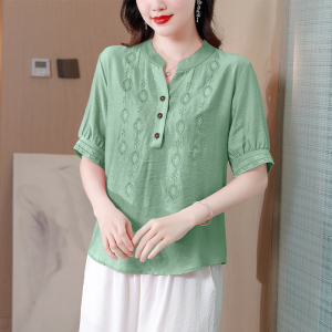 RM12272#刺绣夏季新款麻棉短袖衬衫宽松休闲显瘦女装大码上衣