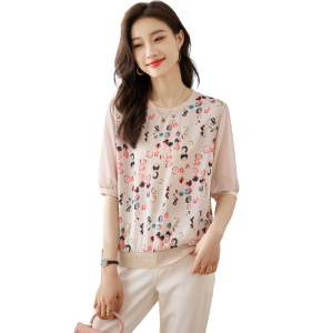 RM15363#圆领上衣女短袖2023夏季新款显瘦高端乱麻印花气质五分袖T恤