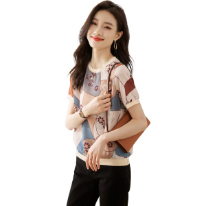 RM15364#圆领上衣女短袖2023夏季新款显瘦高端乱麻印花气质半袖T恤