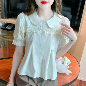 RM12567#夏季新款法式木耳边褶皱显瘦别致甜美娃娃领短袖衬衫