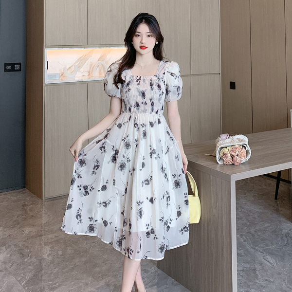 RM15250#夏季法式温柔风褶皱玫瑰印花超仙收腰连衣裙女