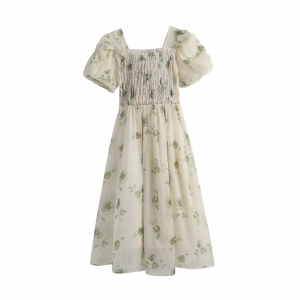 RM15250#夏季法式温柔风褶皱玫瑰印花超仙收腰连衣裙女