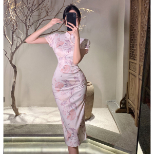 RM20161#女装复古国风中长款修身包臀开叉改良款少女旗袍连衣裙