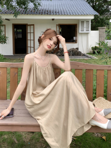 RM20654#夏季新款宽松海边度假长款慵懒风纯色显瘦吊带连衣裙