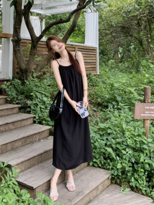 RM20654#夏季新款宽松海边度假长款慵懒风纯色显瘦吊带连衣裙