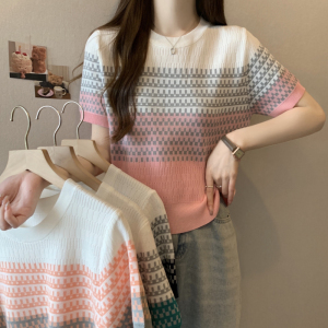 RM20386#夏季新款设计感复古渐变色条纹短袖T恤修身款冰丝针织女