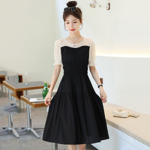 RM14188#夏季新款连衣裙女淑女显瘦百搭时尚拼接黑色假两件短袖裙子