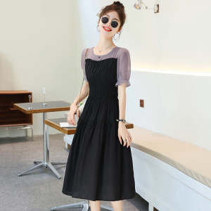 RM14188#夏季新款连衣裙女淑女显瘦百搭时尚拼接黑色假两件短袖裙子