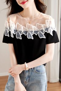 RM21037#夏季新款雪纺气质圆领短袖小衫重工钉珠网纱黑色T恤