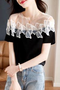 RM21037#夏季新款雪纺气质圆领短袖小衫重工钉珠网纱黑色T恤