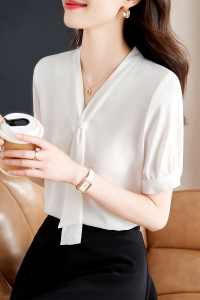RM21038#短袖衬衫女2023夏新款高级感通勤白色雪纺衫飘带衬衣