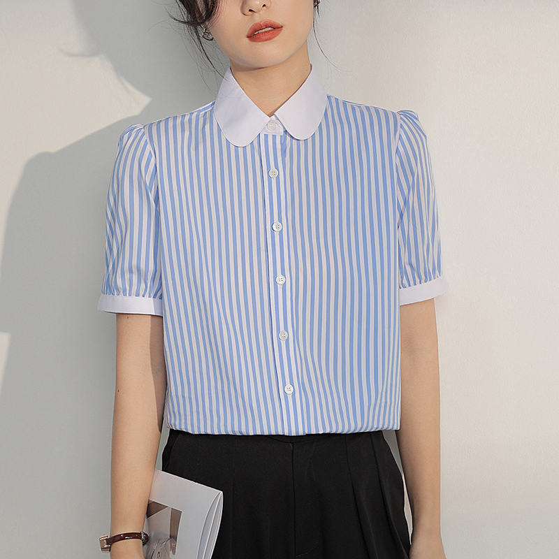 藍色短袖豎條紋襯衫女夏季 泡泡袖 高級感時尚OL法式氣質優雅復古