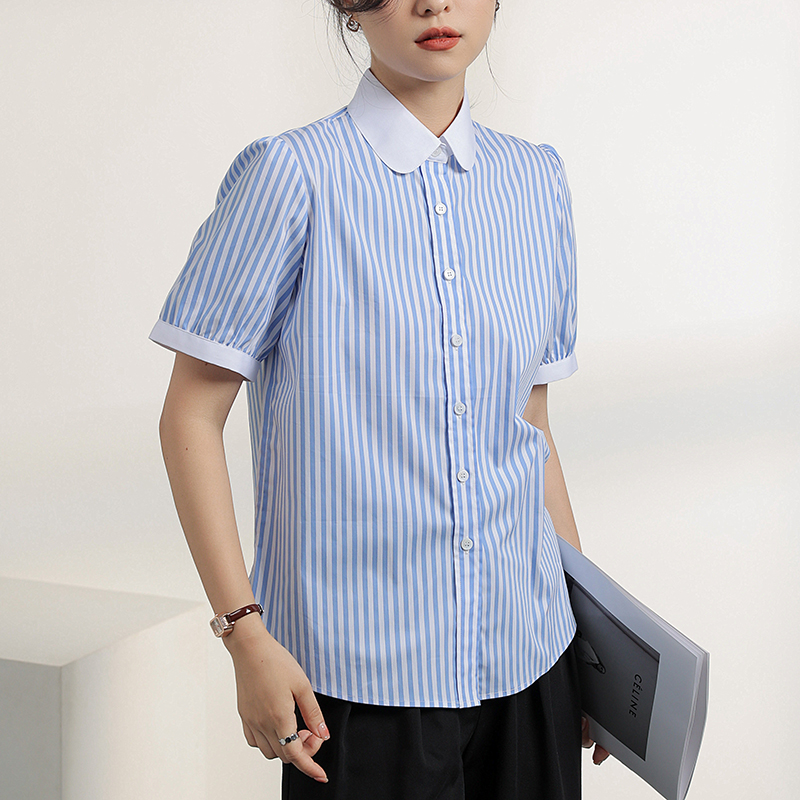 藍色短袖豎條紋襯衫女夏季 泡泡袖 高級感時尚OL法式氣質優雅復古