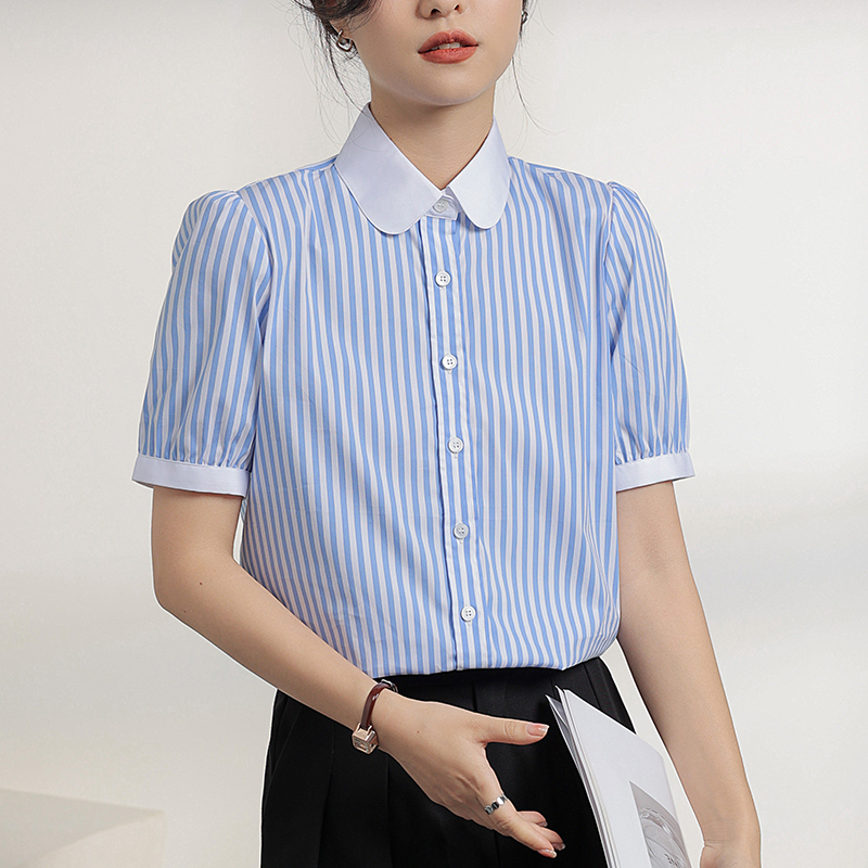 藍色短袖豎條紋襯衫女夏季 泡泡袖 高級感時尚OL法式氣質優雅復古