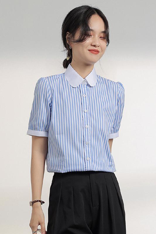 藍色短袖豎條紋襯衫女夏季 泡泡袖 高級感時尚OL法式氣質優雅復古