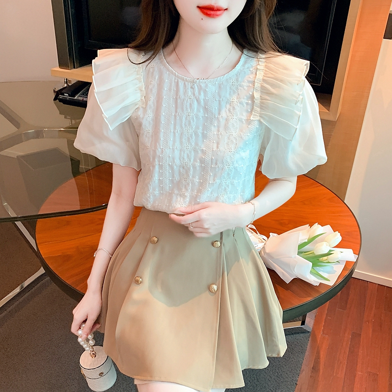 雪紡短袖襯衫女夏季設計感小眾荷葉邊拼接泡泡袖上衣法式洋氣小衫
