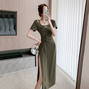 RM13291#开叉方领连衣裙女2023夏季新款收腰高级感修身中长裙