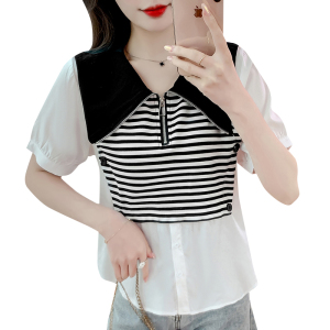 RM16079#夏季新款欧版休闲衬衫拼色翻领条纹针织拼接上衣