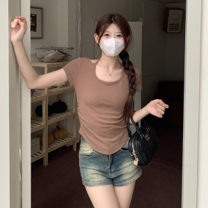 RM13123#美式甜辣绑带短袖t恤女夏季别致设计感正肩短款纯欲体恤上衣