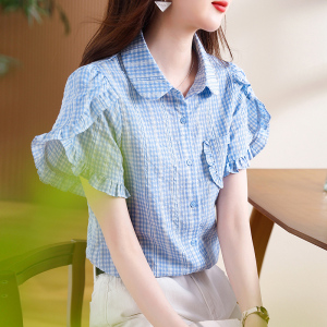 TR34924# 蓝色格子衬衫女夏季新款设计感泡泡袖木耳边短袖气质衬衣