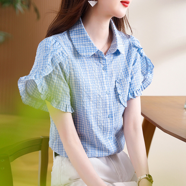 RM22059#蓝色格子衬衫女2023夏季新款设计感泡泡袖木耳边短袖气质衬...