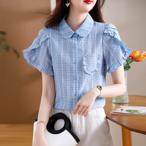 RM22059#蓝色格子衬衫女2023夏季新款设计感泡泡袖木耳边短袖气质衬衣
