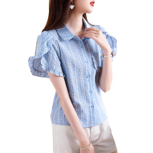 TR34924# 蓝色格子衬衫女夏季新款设计感泡泡袖木耳边短袖气质衬衣