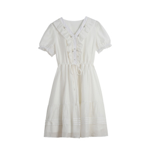 RM18795#夏季新款天丝v领连衣裙重工钉珠抽绳收腰白色裙子女