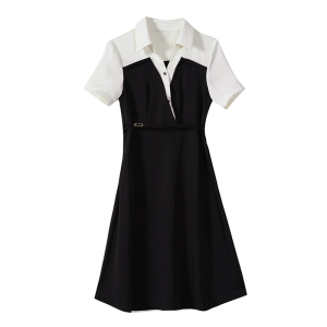 RM12430#新夏季新气质黑白撞色裙子简约百搭优雅假两件连衣裙子