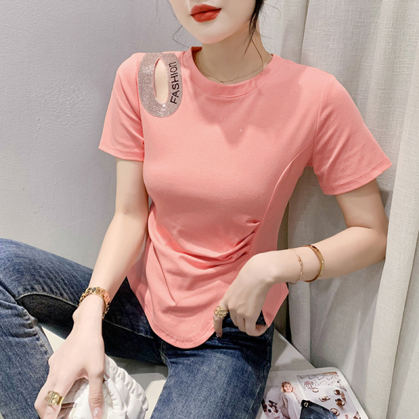 RM16073#夏新款女装小众设计镶钻字母收腰开叉粉色短袖T恤