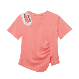 RM16073#夏新款女装小众设计镶钻字母收腰开叉粉色短袖T恤
