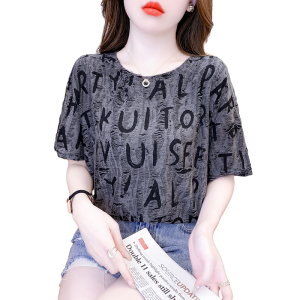 RM12596#印花短袖T恤女装2023年夏季新款破洞设计感小众宽松体恤上衣