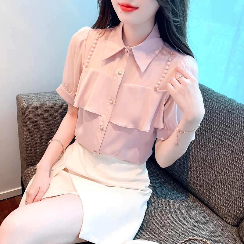 2026夏季新款白色女士襯衫設計感小眾polo領珍珠鏈洋氣襯衣女