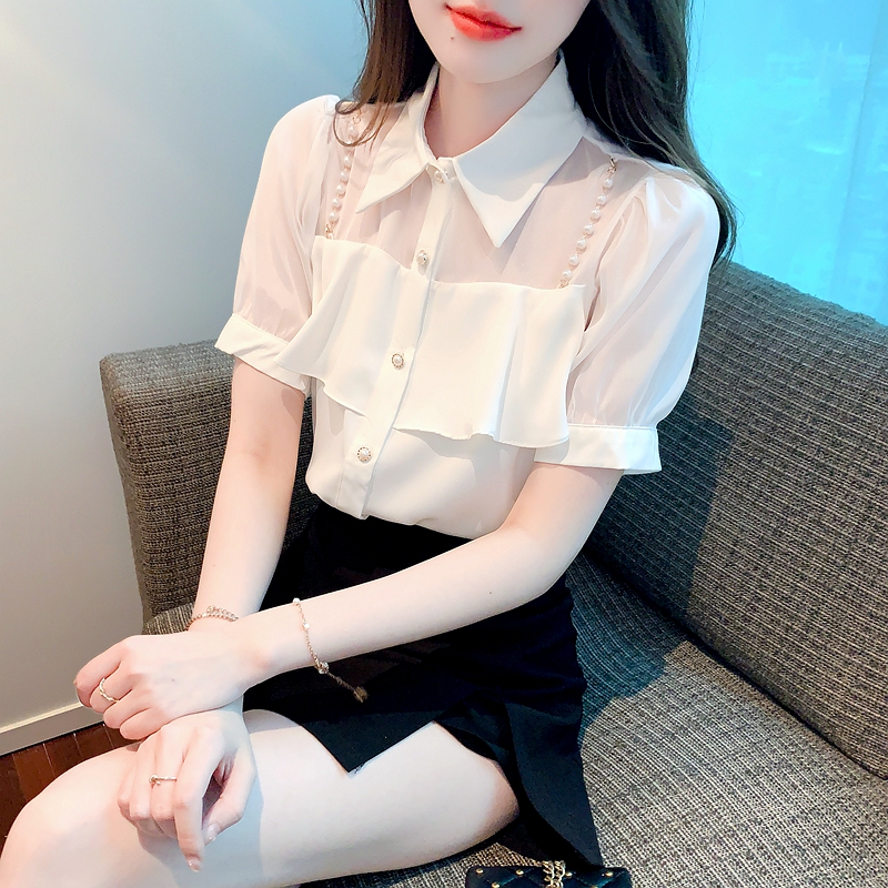 2026夏季新款白色女士襯衫設計感小眾polo領珍珠鏈洋氣襯衣女