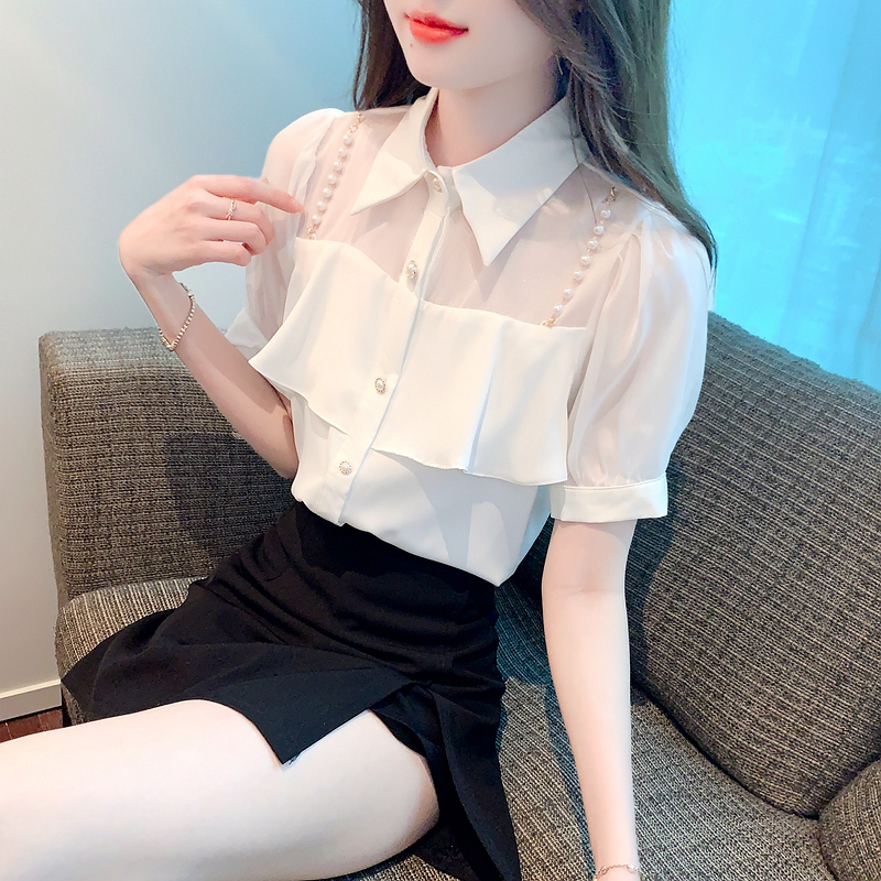 2026夏季新款白色女士襯衫設計感小眾polo領珍珠鏈洋氣襯衣女