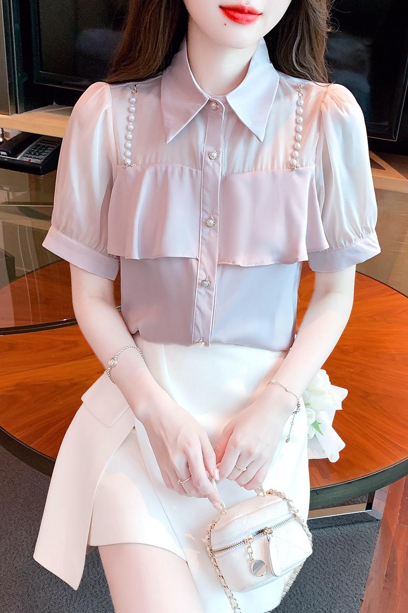 2026夏季新款白色女士襯衫設計感小眾polo領珍珠鏈洋氣襯衣女