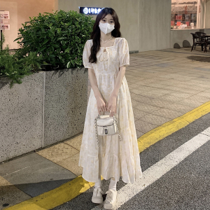 RM14308#夏季新款女装甜美少女慵懒感连衣裙收腰显瘦初恋桔梗气质碎花裙子