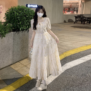 RM14308#夏季新款女装甜美少女慵懒感连衣裙收腰显瘦初恋桔梗气质碎花裙子